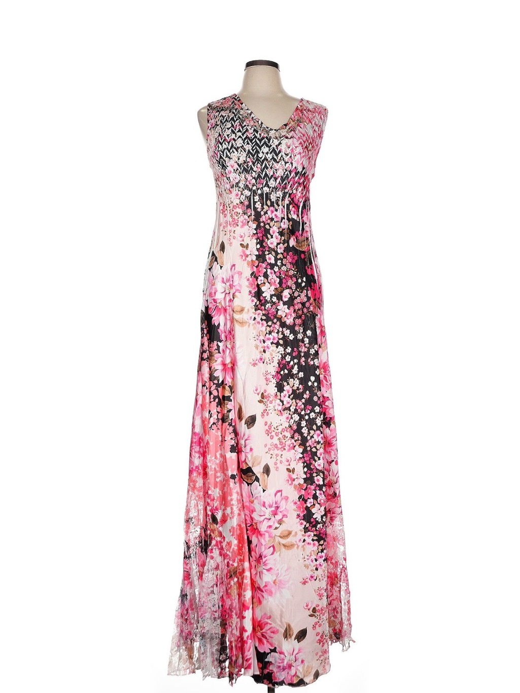 Komarov Pink Dress Cocktail Gown Formal Floral Sleeveless Lace Tall Wedding M/L